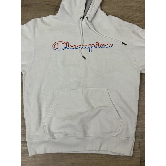 Champion Powerblend Fleece White Grey Chest Logo Pullover Hoodie Size M - Picture 3 of 9
